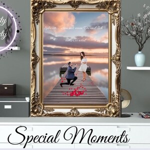 Portret van een stel en een gezin, digitaal op het strand, Dubai, Eiffeltoren, Disneyland... gepersonaliseerd bestand om te delen en af te drukken. foto liefde bruiloft