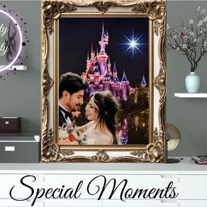 Retrato pareja familia digital en la playa, Dubai, Torre Eiffel, Disneyland... archivo personalizado para compartir e imprimir. imagen de amor boda