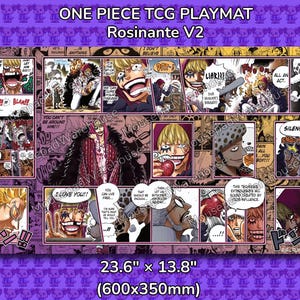 Może przedstawiać: Prostokątna mata do gry dla One Piece TCG, z panelami komiksowymi z Rosinante V2. Mata ma wymiary 60 x 35 cm i fioletową obwódkę z powtarzającym się wzorem. Panele wyświetlają kolorową sztukę mangi.