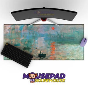 May include: A rectangular mouse mat featuring an impressionist painting of a sunrise over water, with a black keyboard and a purple mouse. The mouse mat has the text "MOUSEPAD WAREHOUSE" in the top and bottom.