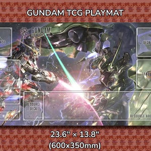 May include: Gundam TCG playmat featuring a dynamic battle scene with mecha robots. The mat includes designated zones for cards, measuring 23.6" x 13.8". The design showcases vibrant colors and detailed artwork, perfect for trading card game enthusiasts.