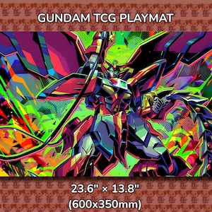May include: A vibrant Gundam TCG playmat featuring a detailed illustration of a Gundam robot in shades of red, blue, green, and yellow. The playmat measures 23.6" x 13.8" (600x350mm) and has the text "GUNDAM TCG PLAYMAT" at the top.