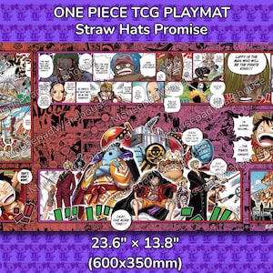 Może przedstawiać: Prostokątna mata do gry dla One Piece TCG, z kolorowym wzorem w stylu mangi z różnymi postaciami i dymkami tekstowymi. Mata ma wymiary 60 cm x 35 cm i zawiera tekst "ONE PIECE TCG PLAYMAT Straw Hats Promise".
