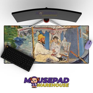 May include: A rectangular mousepad with a painting of two people in a boat, a black keyboard, and a purple mouse. The painting shows a man in a yellow hat and another person. The mousepad has the text "MOUSEPAD WAREHOUSE".