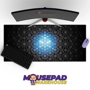 May include: A black and blue geometric design mousepad with a black keyboard and a purple mouse. The mousepad features a large blue and white snowflake-like design in the centre. The words "MOUSEPAD WAREHOUSE" are at the top and bottom of the image.