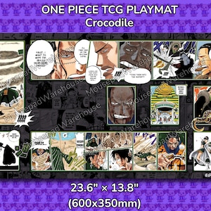 Op de afbeelding: Een zwarte speelmat voor de One Piece TCG, met een collage van stripboekpanelen met het personage Crocodile. De mat meet 60 cm bij 35 cm.