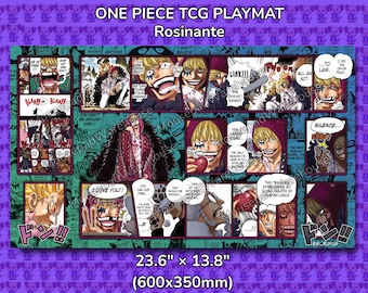 Puede incluir: Una alfombrilla de juego One Piece TCG con Rosinante. El diseño es un collage de paneles de manga con colores vibrantes y bocadillos de texto. La alfombrilla mide 60 cm x 35 cm.