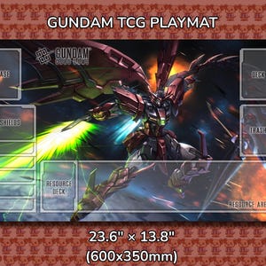 May include: Gundam TCG playmat featuring a detailed illustration of a Gundam robot in action. The playmat has designated zones for Base, Shields, Deck, Trash, Resource Deck, and Resource Area. The mat measures 23.6 x 13.8 inches.