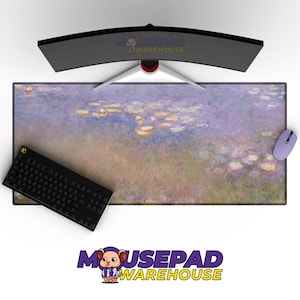 May include: A large rectangular mouse mat featuring a water lily painting in shades of purple, green, and yellow. A black keyboard and a purple mouse are on the mat. A curved monitor is above the mat. The Mousepad Warehouse logo is visible.