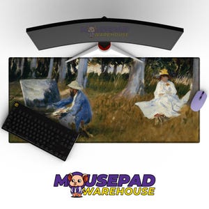 May include: A rectangular mouse mat with a painting of a man in a blue coat painting outdoors, with a woman in a white dress nearby. A black keyboard and a purple mouse are on the mat. The logo "MOUSEPAD WAREHOUSE" is visible.
