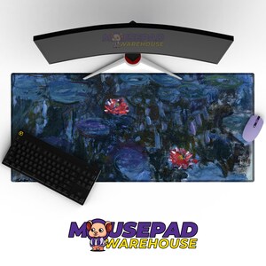 May include: A rectangular mousepad with a water lilies painting in blue, green, and red. A black keyboard and a purple mouse are on the pad. A curved computer monitor is above the mousepad. The Mousepad Warehouse logo is visible.