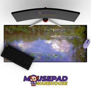 May include: A large rectangular mousepad featuring a water lilies painting in shades of blue, green, and purple. A black keyboard and a purple mouse are on the pad. The Mousepad Warehouse logo is visible.