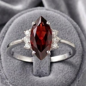 Marquise Garnet Ring | Sterling Silver Red Garnet Engagement Ring | January Birthstone Statement Ring | Unique Marquise Cut Ring For Her