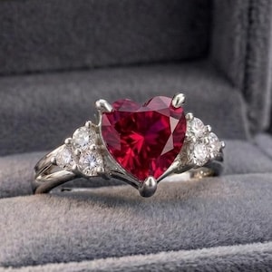 Heart Shaped Red Ruby Ring, 925 Sterling Silver Ring, Cluster Moissanite Diamond Ring, Romantic Promise Ring, July Birthstone Gift for Her