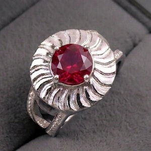 Red Ruby Ring, 925 Sterling Silver Ring, Sunburst Halo Textured Ring, Vintage Style Art Deco Statement Ring, July Birthstone Gift for Her