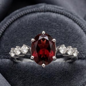 Natural Oval Garnet Ring, 6x8 mm Red Gemstone Ring in Sterling Silver, January Birthstone Jewelry, Statement Solitaire Ring, Gift for Her