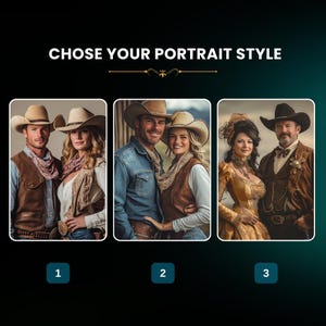 May include: Three portrait style options for a western themed photo shoot. The first option shows a couple wearing cowboy hats and western wear. The second option shows a couple wearing cowboy hats and western wear. The third option shows a couple wearing cowboy hats and western wear.