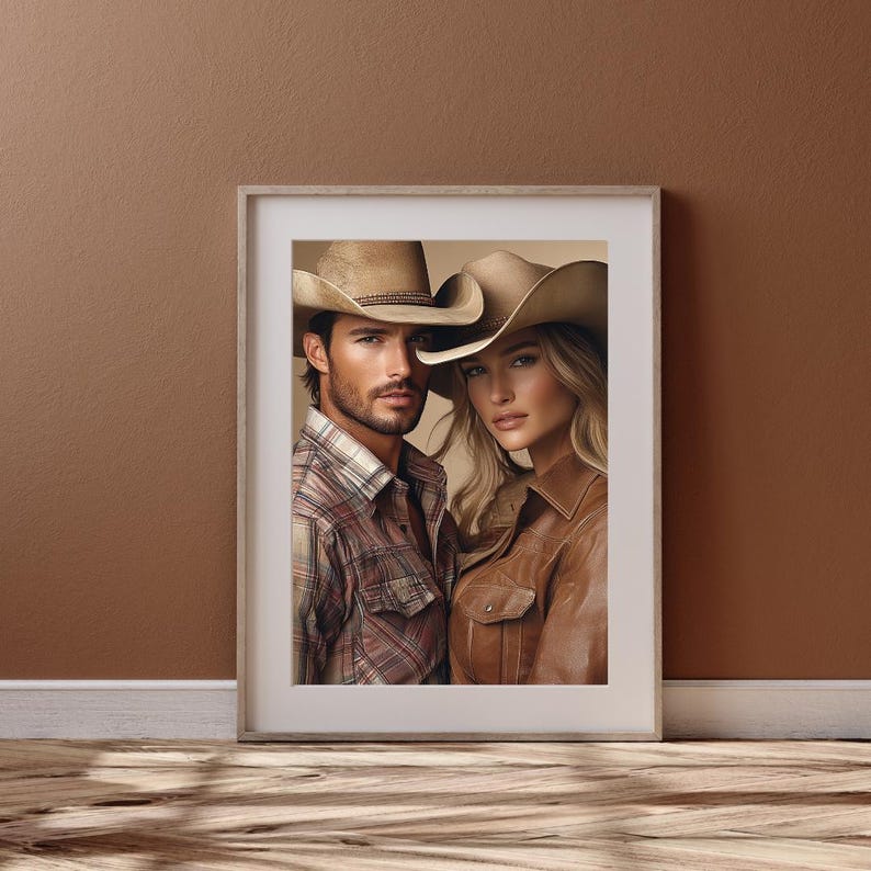 May include: A framed photograph of a couple wearing cowboy hats. The man is wearing a plaid shirt and the woman is wearing a brown leather jacket. The background is a brown wall.