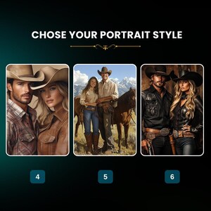 May include: Three couples wearing cowboy hats and western wear. The couples are standing in front of a rustic background. The image is a collage of three different photos.
