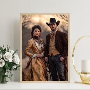 May include: A couple dressed in vintage clothing. The woman is wearing a gold dress with a lace trim and a pearl necklace. The man is wearing a brown suit with a vest and a cowboy hat. They are standing in a field with trees in the background.
