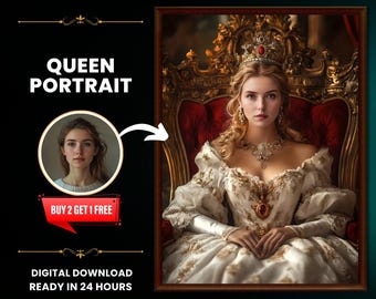 Könnte beinhalten: Ein digitales Gemälde einer Frau in einem weißen Kleid und einer goldenen Krone, die auf einem Thron sitzt. Der Hintergrund ist dunkel und stimmungsvoll.