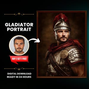 Könnte beinhalten: Ein digitaler Download eines Porträts einer Person in einem Gladiatorenkostüm. Die Person trägt einen rot-goldenen Helm mit einer roten Feder. Die Person trägt auch eine rot-goldene Tunika und einen goldenen Brustpanzer. Der Hintergrund ist dunkelbraun.