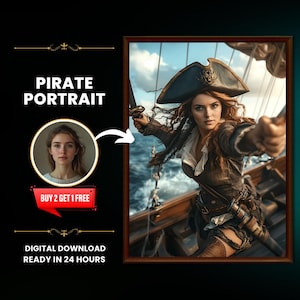 Ritratto personalizzato di una donna pirata: arte unica per lo scambio di volti (download digitale)