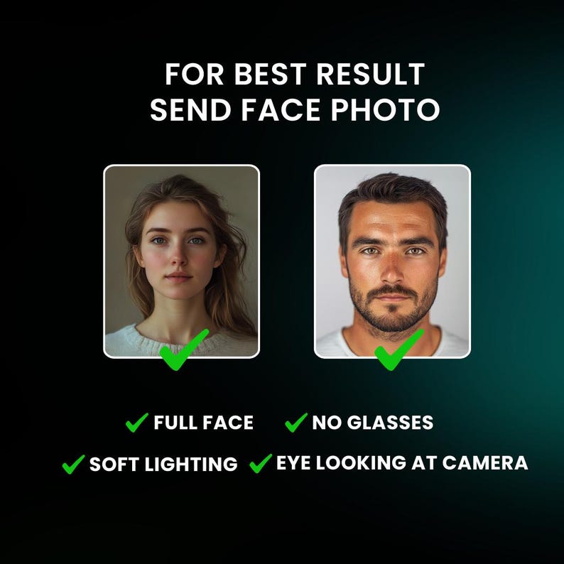 May include: Two images showing examples of good photos for a face photo. The first image shows a woman with her full face visible, soft lighting, and her eyes looking directly at the camera. The second image shows a man with his full face visible, no glasses, and his eyes looking directly at the camera. The text below the images reads "FOR BEST RESULT SEND FACE PHOTO", "FULL FACE", "SOFT LIGHTING", "NO GLASSES", and "EYE LOOKING AT CAMERA".