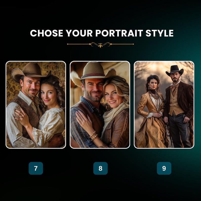 May include: Three portrait style options for a photo. The first option shows a couple in a rustic setting wearing cowboy hats. The second option shows a couple in a forest setting. The third option shows a couple in a field setting. The text "Chose Your Portrait Style" is at the top of the image.