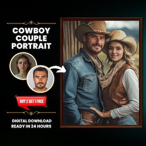 Benutzerdefinierte Cowboy Paar Porträt vom Foto, Western Kunst vom Foto, personalisierte Porträt, Geburtstag Geschenkidee