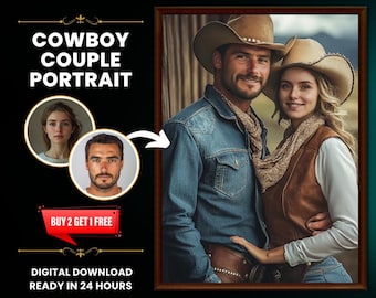 Custom Cowboy Couple Portrait: Personalized Western Art (Digital Download)