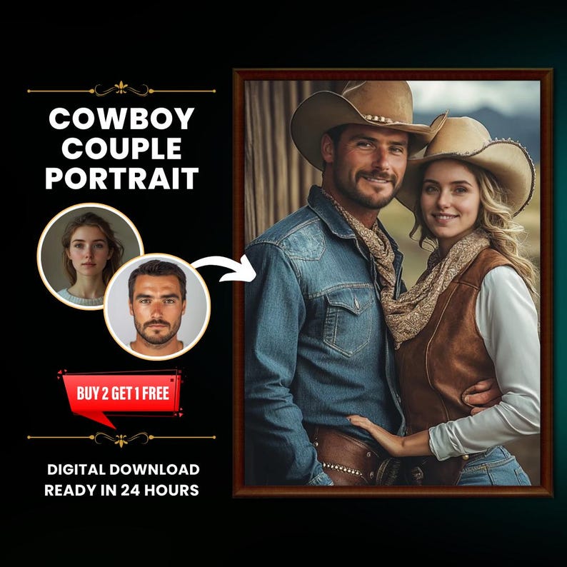 May include: A digital painting of a couple dressed in cowboy attire. The man is wearing a blue denim shirt, brown hat, and jeans. The woman is wearing a brown vest, white shirt, and jeans. The painting is framed in a brown wooden frame.