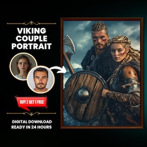 Casal Viking personalizado de foto, retrato viking, presentes viking, Ragnar, Lagertha, retrato de foto, retrato histórico, retrato de família