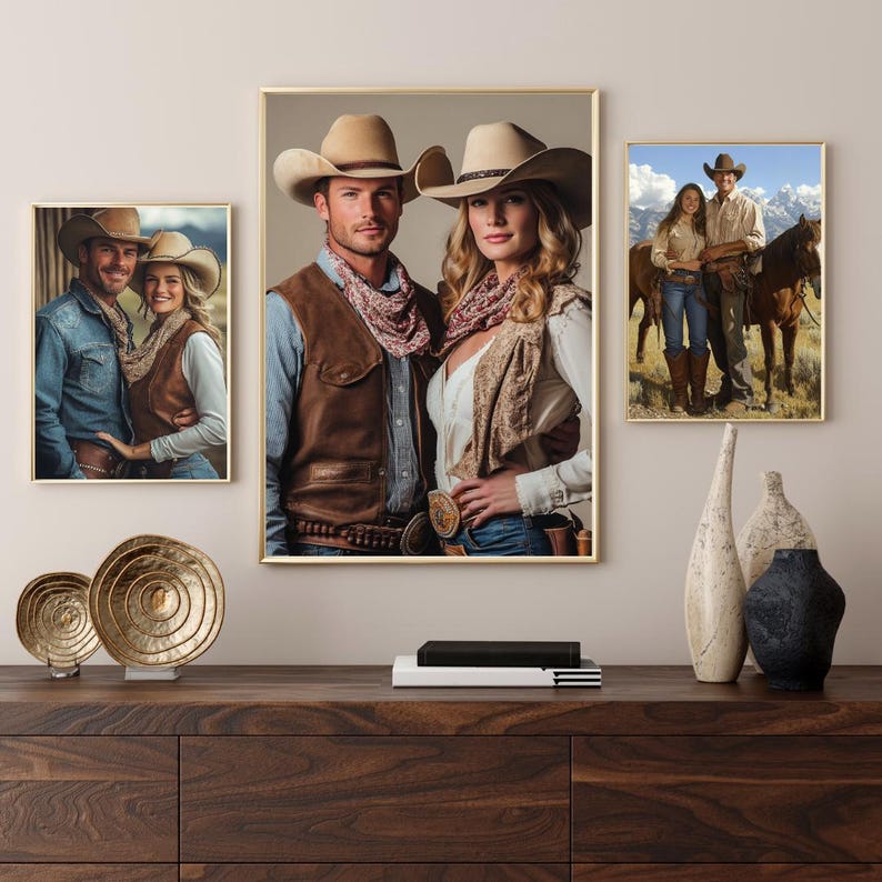 May include: Three framed photographs of couples wearing cowboy hats. The photos are in gold frames and are hanging on a wall. The wall is a light beige color. The photos are all in portrait orientation.