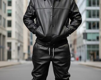 Men's Real Leather Tracksuit: Handmade Jogging Gym Wear in Soft Leather