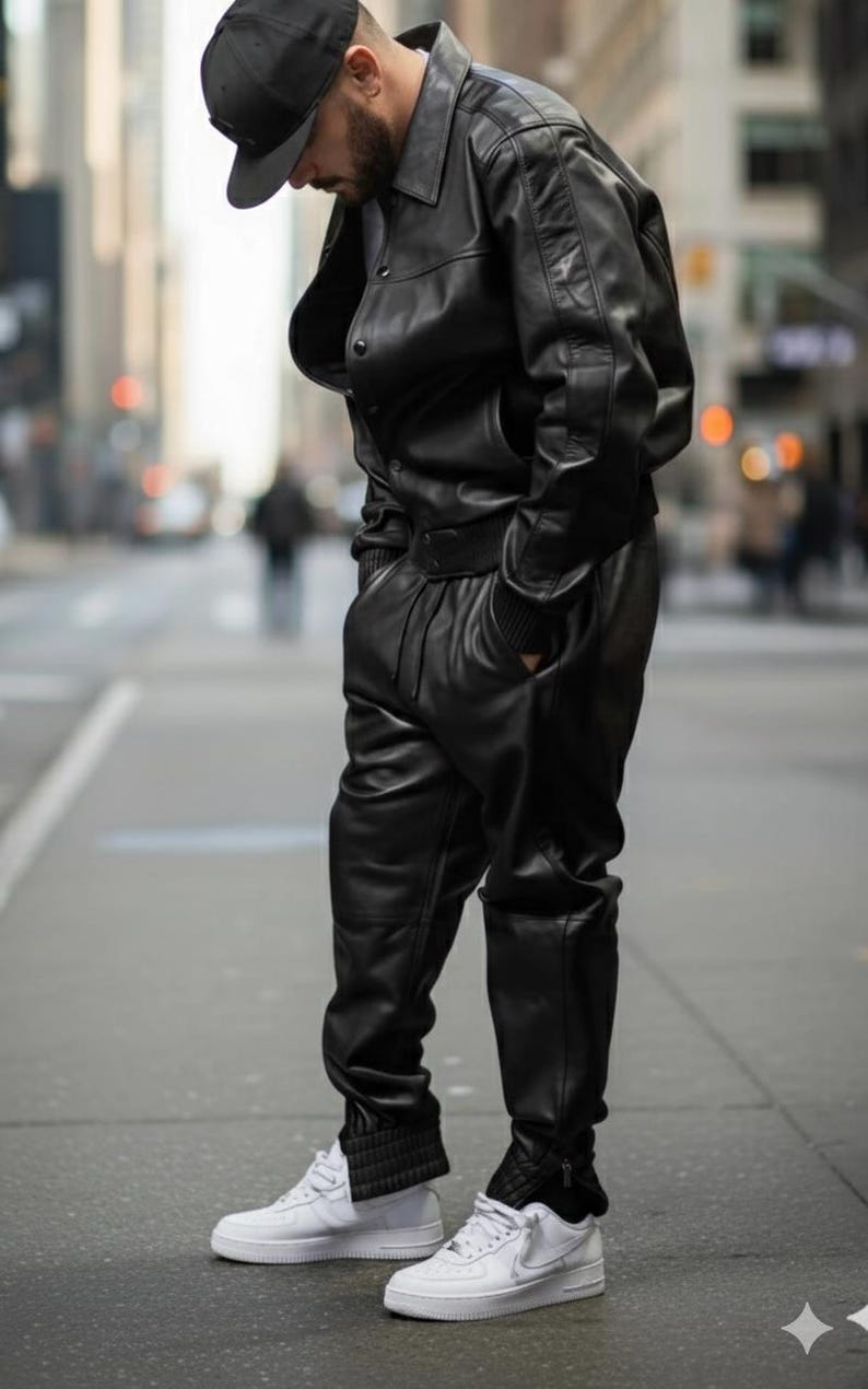 Pu&ograve; includere: Una persona indossa una giacca di pelle nera, pantaloni abbinati e un berretto da baseball nero. L'outfit &egrave; abbinato a scarpe da ginnastica bianche. La persona &egrave; in piedi su una strada cittadina.