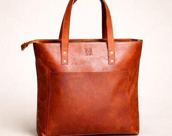 Brown Leather Tote Women Large Shoulder Handbag Work Everyday Minimalist Purse