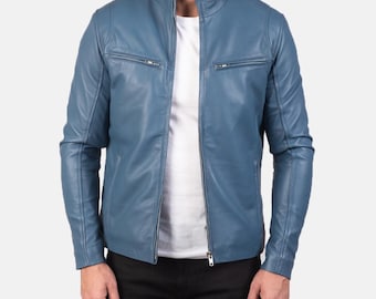 Blue Leather Biker Jacket: Slim Fit Sheepskin Moto Jacket
