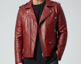 Men's Red Leather Moto Jacket: Slim Fit, YKK Zippers - Etsy