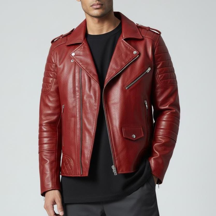 Men's Red Leather Moto Jacket: Slim Fit, YKK Zippers - Etsy