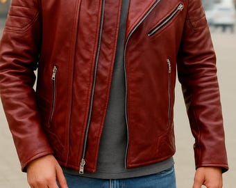 Men's Red Leather Moto Jacket: Slim Fit, YKK Zippers - Etsy