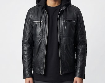 Black Leather Biker Jacket: Slim Fit Motorcycle Outerwear with Removable Hood