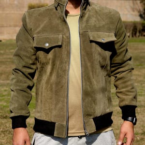 Suede leather jacket, genuine suede leather jacket, Handmade Goatskin Suede Biker Jacket  Bomber Jacket, Fall Winter Leather Coat for Him