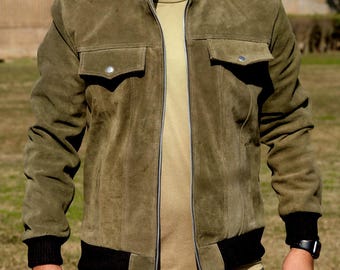 Men’s Suede Bomber Jacket: Genuine Goatskin Leather Biker Jacket
