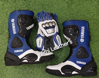 Yamaha motorcycle Leather Riding Boots and Gloves Set: Racing Gear Combo