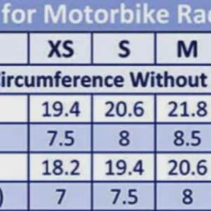 Op de afbeelding: Maattabel voor motorracehandschoenen. Internationale maten van XS tot 4XL. Metingen in centimeters en inches voor de handomtrek zonder duim, voor mannen en vrouwen.