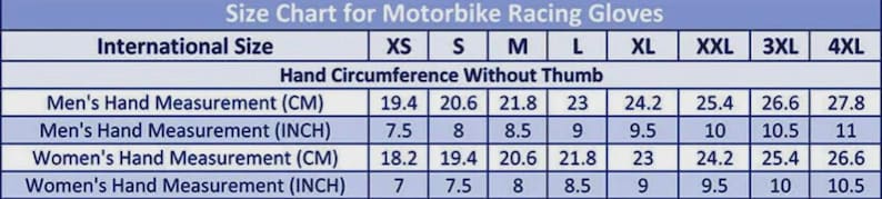 Op de afbeelding: Maattabel voor motorracehandschoenen. Internationale maten van XS tot 4XL. Metingen in centimeters en inches voor de handomtrek zonder duim, voor mannen en vrouwen.