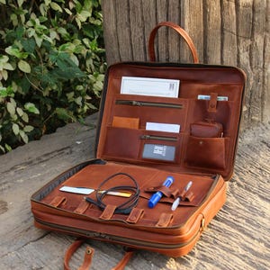 Sacoche pour ordinateur portable en cuir à double compartiment, sac de bureau pour hommes, organiseur d'ordinateur portable en cuir avec poche pour documents, sac messager pour homme et femme