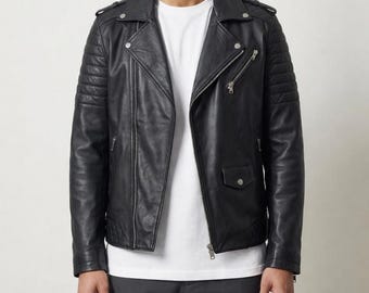 Jaqueta masculina de couro preta estilo Café Racer: Corte justo, estilo motociclista.