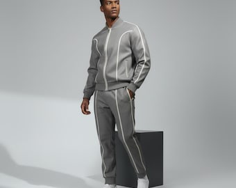 Chándal de piel de oveja hecho a mano para hombre, gris y blanco